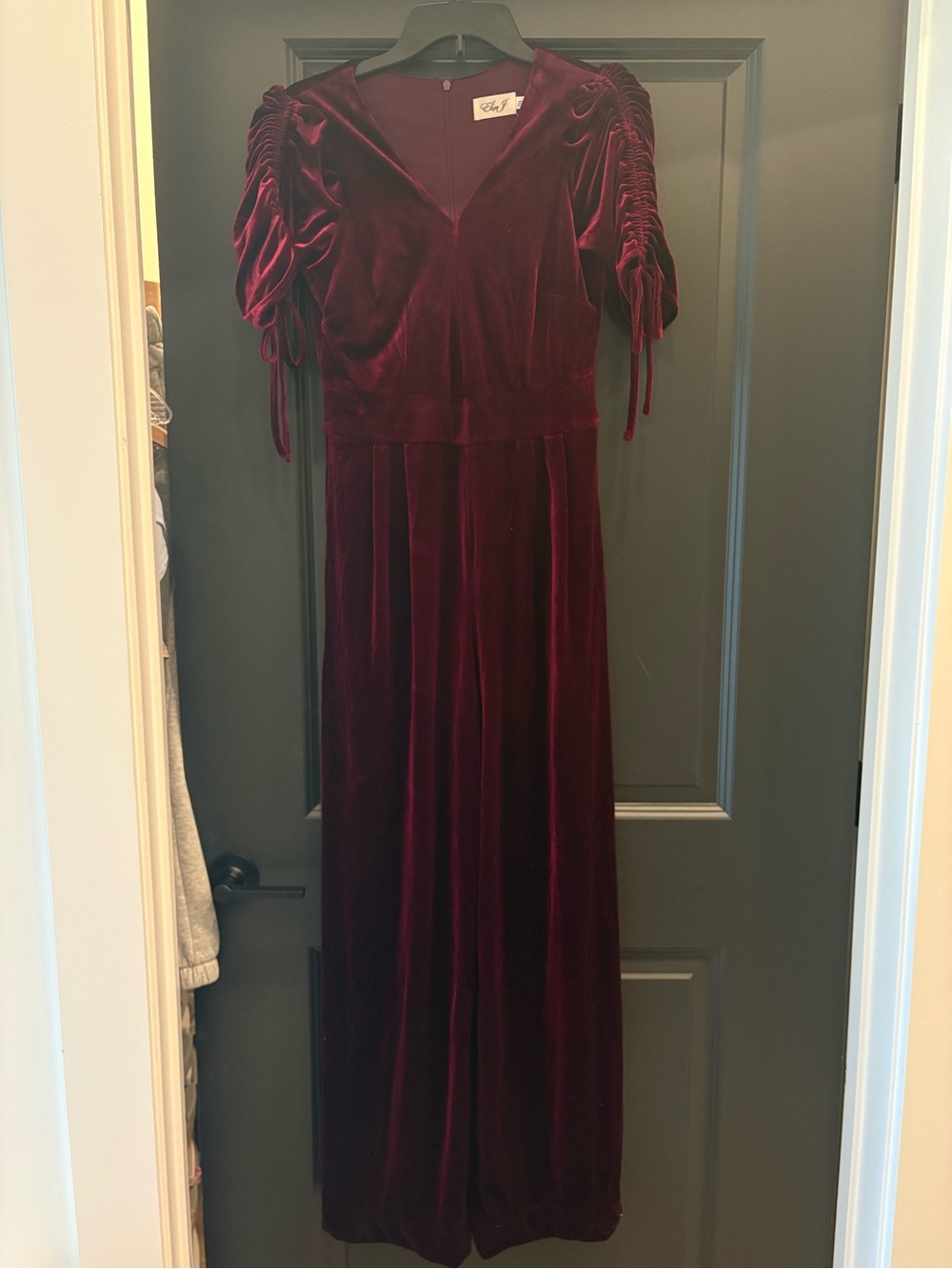Eliza J Deep Burgundy Velvet Maxi Jumpsuit with Ruched Short Sleeves